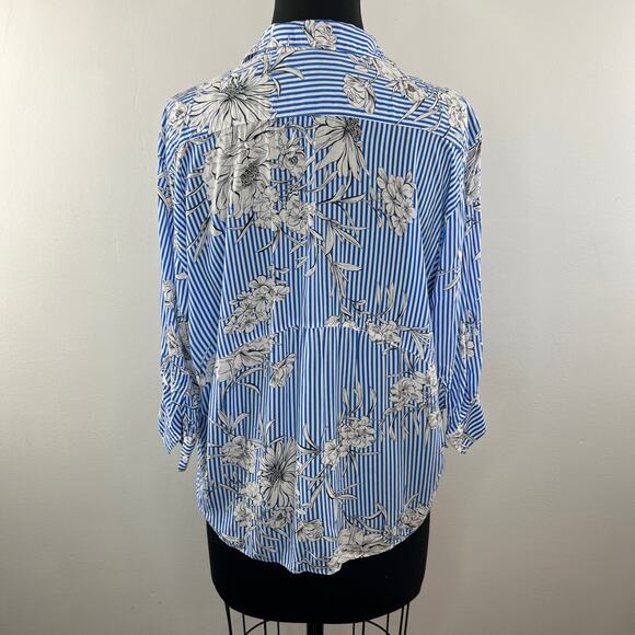 ZARA Blue White S Blouse Striped Floral 3/4 Sleeve Button Up Collar Regular Fit - Picture 5 of 7
